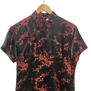 Cheongsam Black Red Cherry Blossom Full Length Dress - EUC - Large